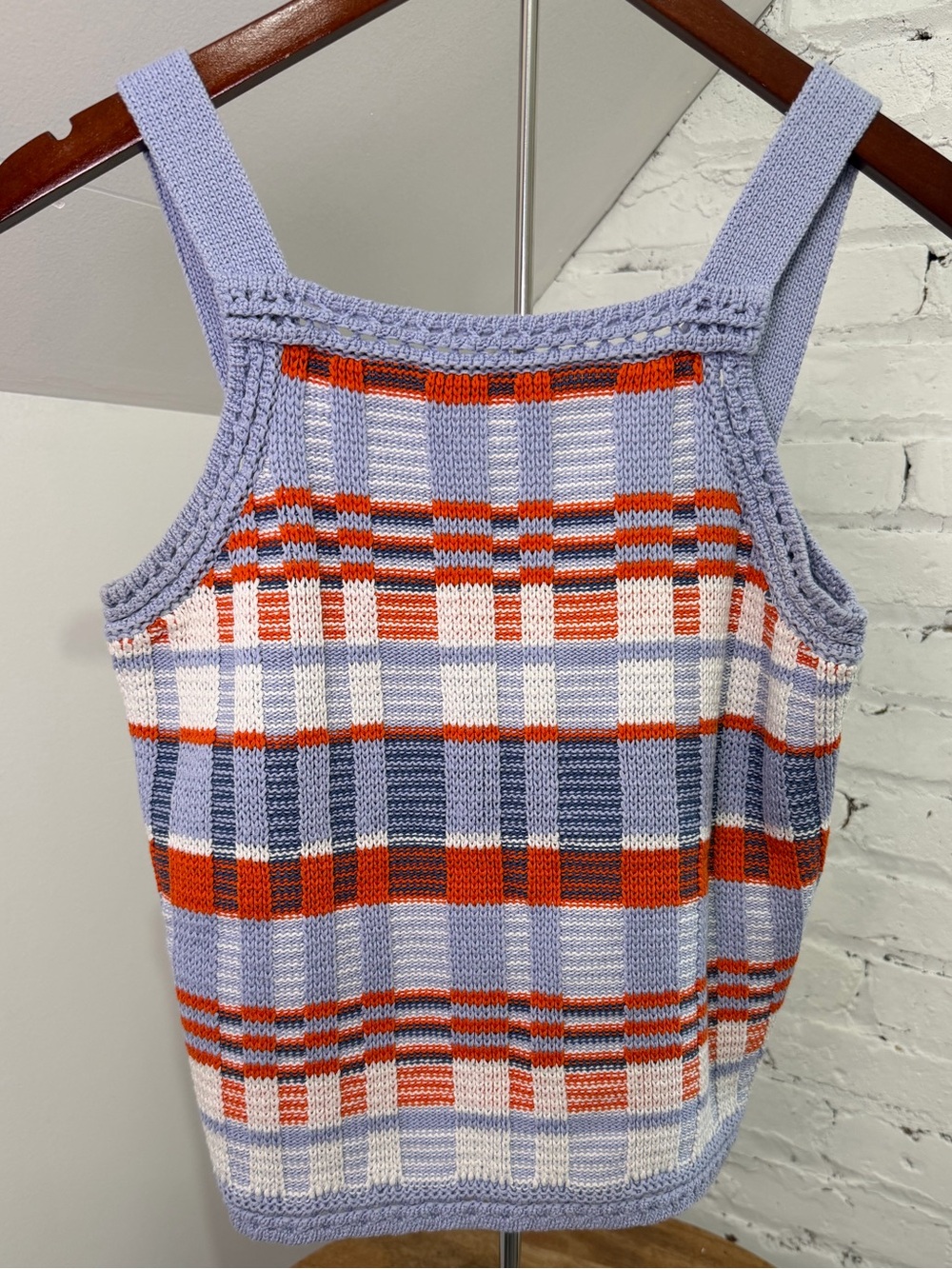 Banana Republic Plaid Crochet Sweater Tank Top Blue Orange Sleeveless Size S